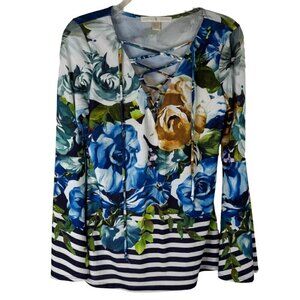 Boston Proper Floral Striped Blouse Long Bell Sleeve Stretchy Lace Up V Neck XXS